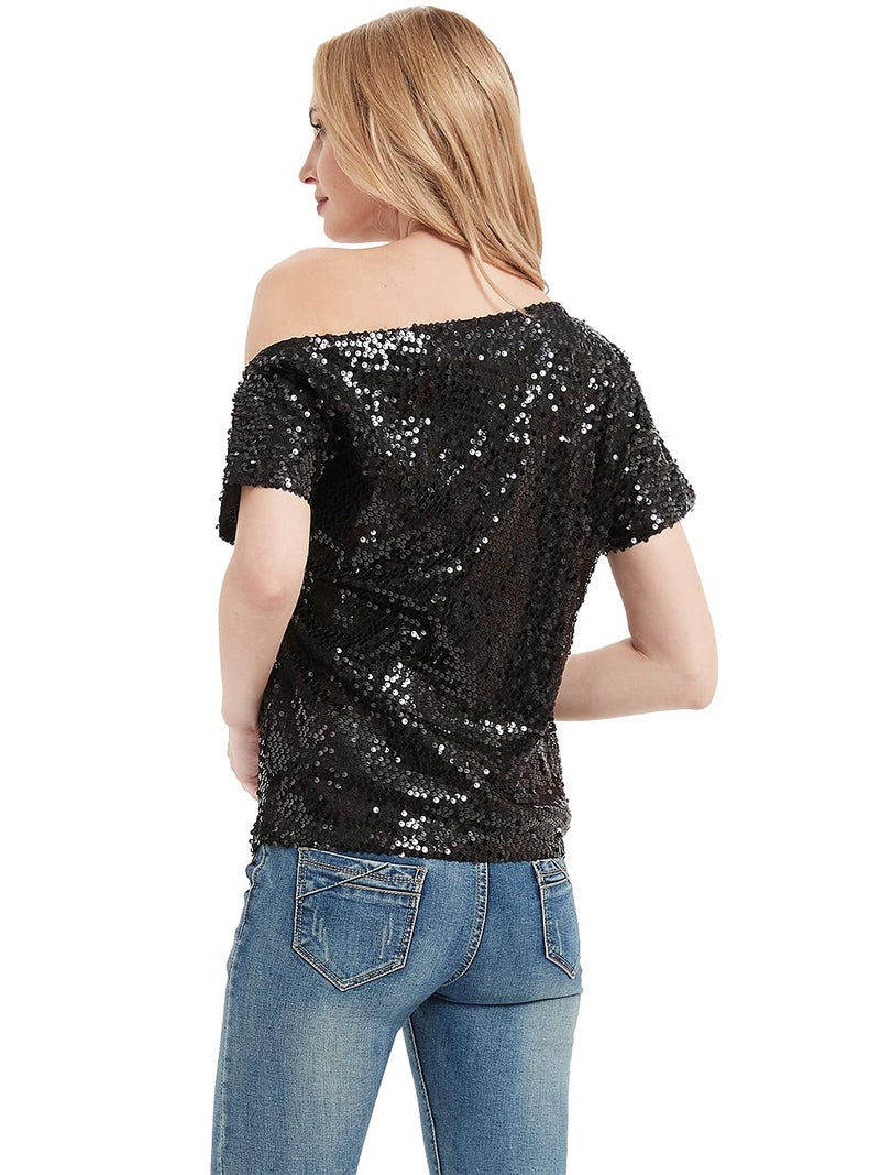 Anna-Kaci Womens Short Sleeve One Shoulder Sparkly Glitter Sequin Top Shirt Blouse, Black, X-Large - Image 2